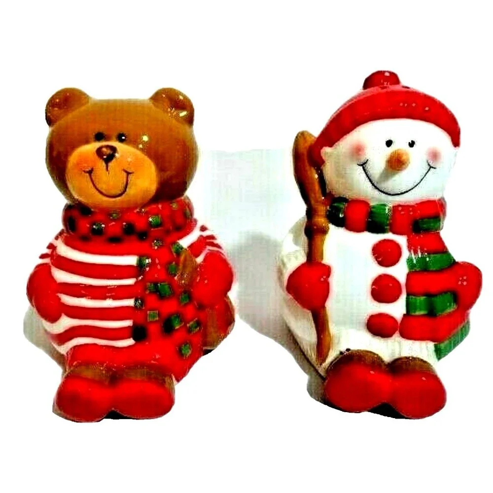 Sitting Bear Snowman Salt Pepper Shakers Ceramic Christmas Winter Serveware Gift